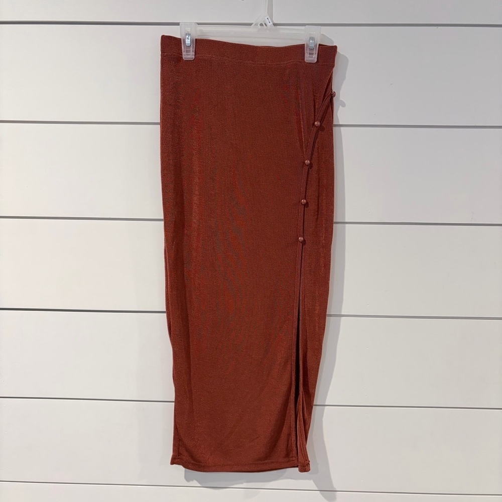 🌟2 for $10 Women’s Rust Brown Chic Midi Skirt Stretchy Flattering Long Slit S